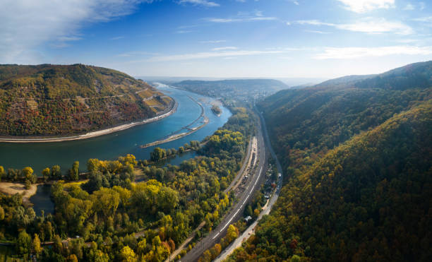 panoramic aerial view over river rhine, germany - rio reno imagens e fotografias de stock