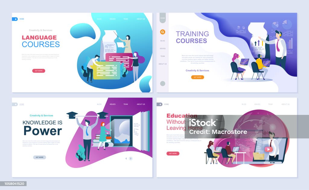 Set of landing page template for education, consulting, training, language courses. Set of landing page template for education, consulting, training, language courses. Modern vector illustration flat concepts decorated people character for website and mobile website development. E-Learning stock vector