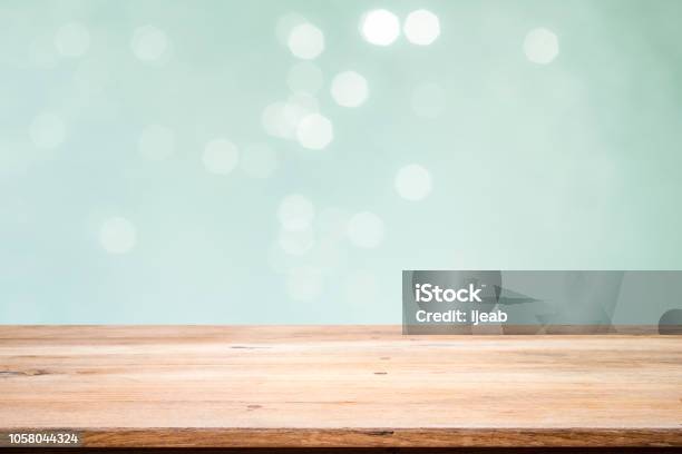 Wooden Table With Mint Bokeh Abstract Background Stock Photo - Download Image Now - Backgrounds, Table, Wood - Material