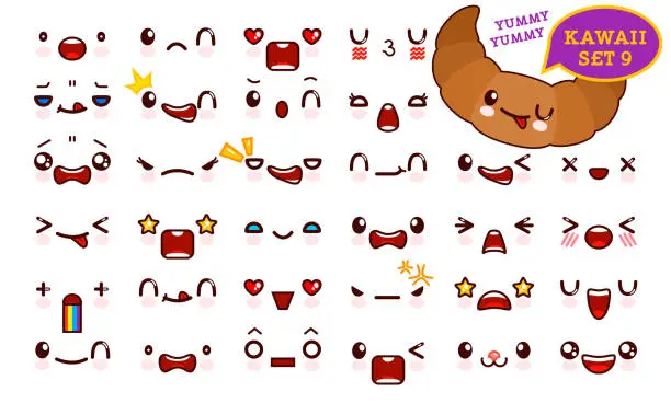 Vector illustration of Set of cute kawaii emoticon face and sweet croissant kawaii. Collection emoticon manga, cartoon style. Vector illustration. Adorable characters icons design