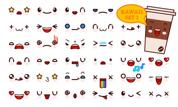 Vector illustration of Set of cute kawaii emoticon face and sweet coffee kawaii. Collection emoticon manga, cartoon style. Vector illustration. Adorable characters icons design