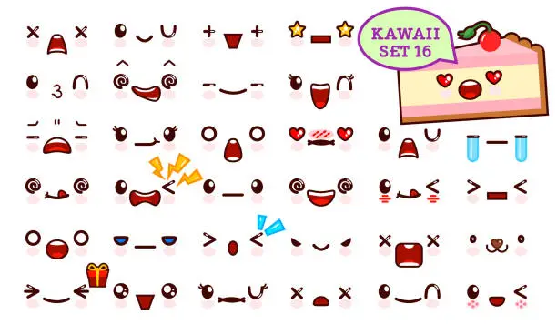 Vector illustration of Set of cute kawaii emoticon face and sweet piece of cake kawaii. Collection emoticon manga, cartoon style. Vector illustration. Adorable characters icons design