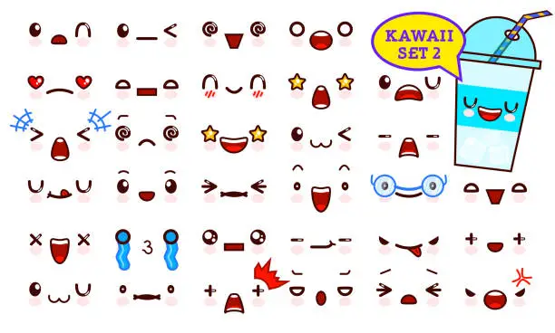 Vector illustration of Set of cute kawaii emoticon face and sweet cocktail kawaii. Collection emoticon manga, cartoon style. Vector illustration. Adorable characters icons design