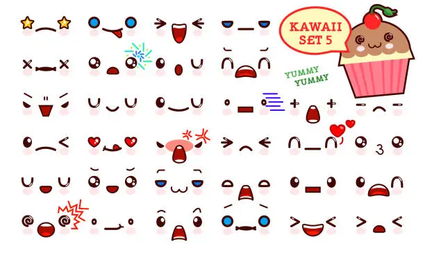 Vector illustration of Set of cute kawaii emoticon face and sweet cake kawaii. Collection emoticon manga, cartoon style. Vector illustration. Adorable characters icons design