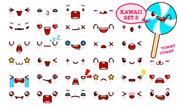 Vector illustration of Set of cute kawaii emoticon face and sweet candy on a stick kawaii. Collection emoticon manga, cartoon style. Vector illustration. Adorable characters icons design