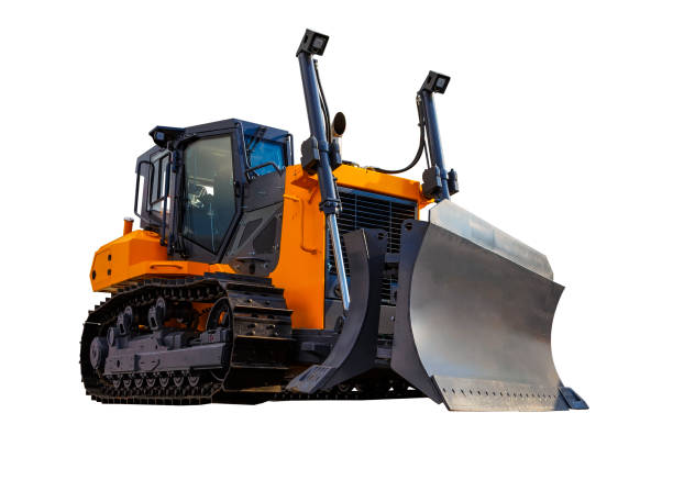 istock Yellow modern Bulldozer on caterpillars excavator, isolated on white background 1058048214