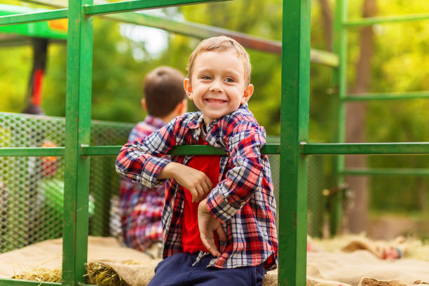 istock Hayride. happy boy riding a tractor on a farm 1058049812