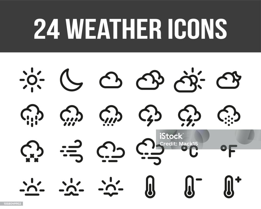 Previsioni meteo. Set di icone meteo contorno. Vettore - arte vettoriale royalty-free di Icona