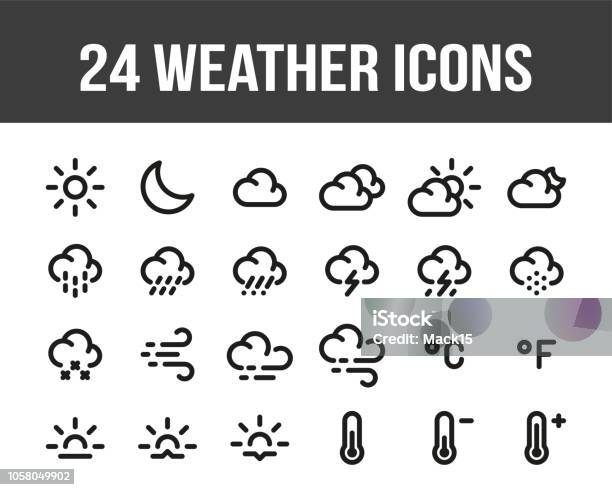 Previsioni Meteo Set Di Icone Meteo Contorno Vettore - Immagini vettoriali stock e altre immagini di Icona