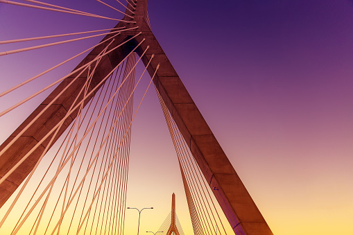 Leonard P. Zakim Bunker Hill Memorial Bridge, Boston, USA at sunset. Copy space for your text