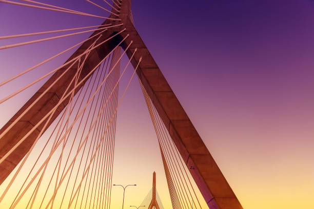 cable bridge - boston sunset city bridge imagens e fotografias de stock
