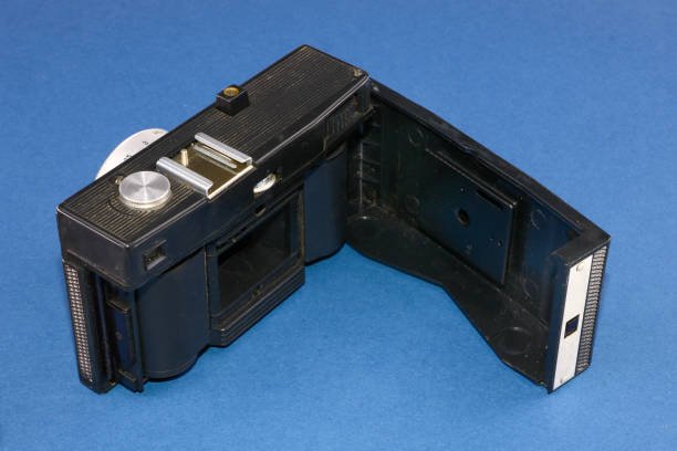 istock old film camera dirty and dusty on blue background 1058051152