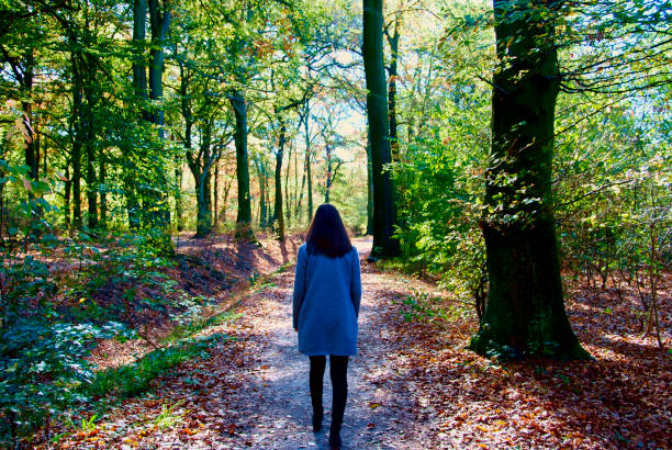 istock a woman takes a walk in the forest 1058053990