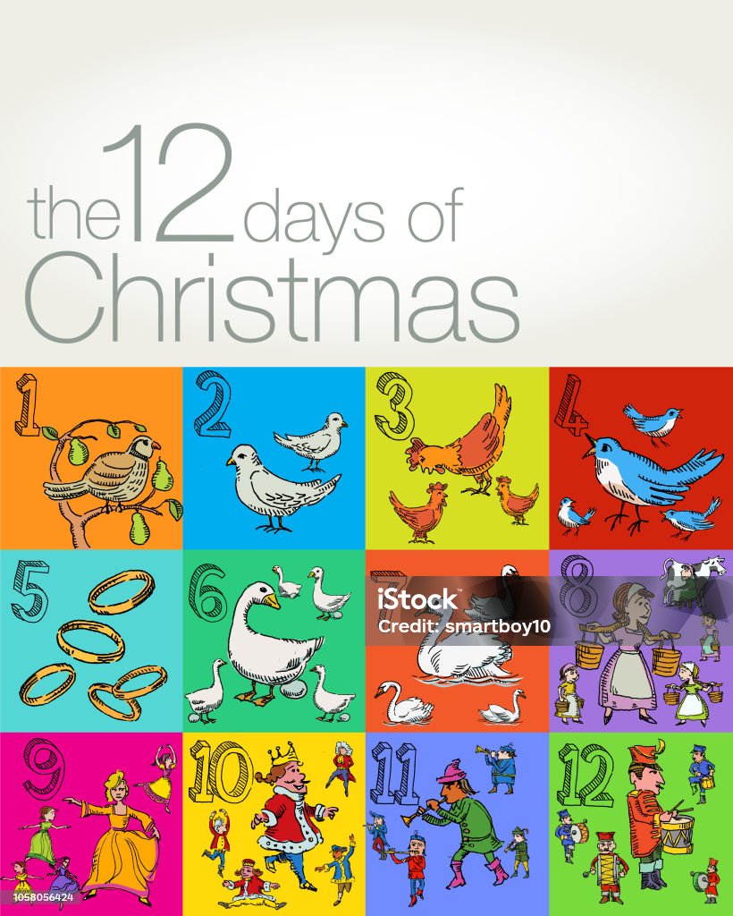 The Twelve Days of Christmas Greeting Seasonal image of The Twelve Days of Christmas in hand drawn doodle style. The Twelve Days Of Christmas stock vector