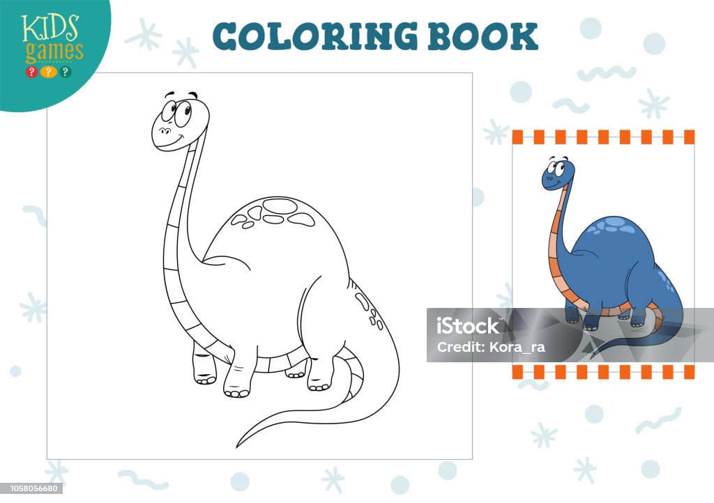 Coloring book, blank page vector illustration. Preschool kids activity with drawing and colouring cartoon dinosaur character Coloring book, blank page vector illustration. Preschool kids activity with drawing and colouring cartoon dinosaur character. Black and white outline game design for education Dinosaur stock vector