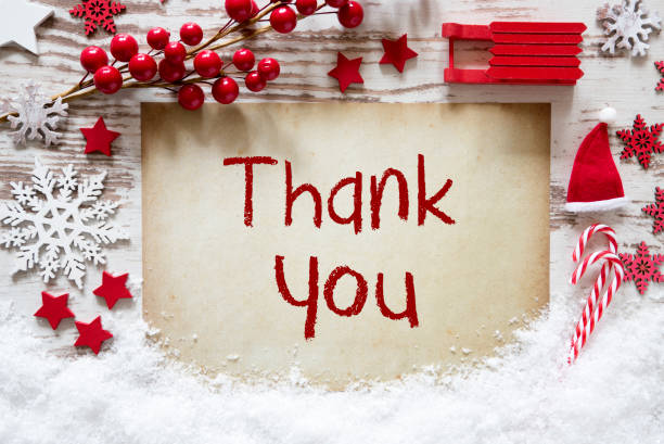 Red Christmas Decoration, Snow, English Text Thank You stock photo