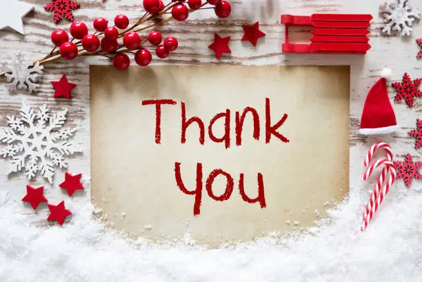 Photo of Red Christmas Decoration, Snow, English Text Thank You