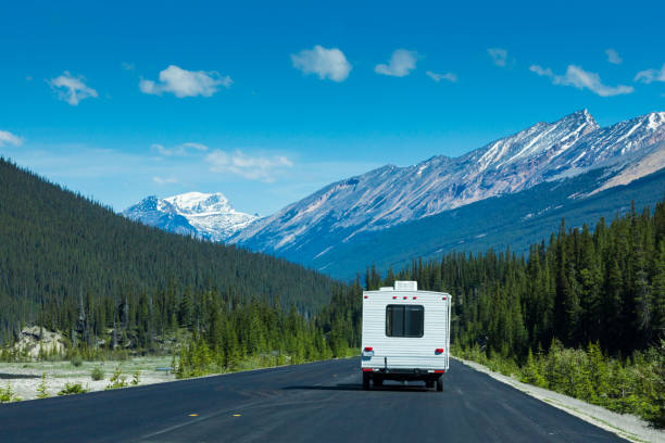 rv dans les montagnes rocheuses canadiennes du parc national banff, alberta, canada - driving motor home forest banff national park photos et images de collection