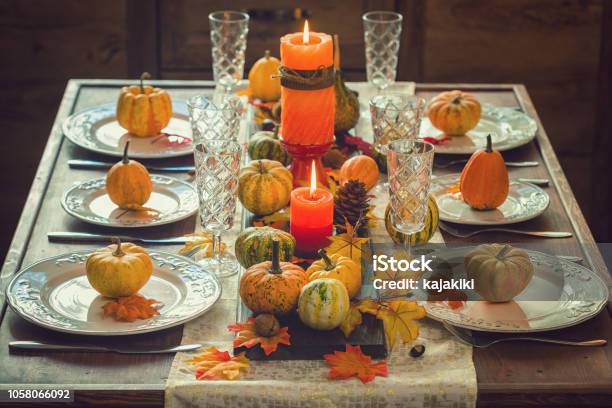 Thanksgiving Dining Table Place Setting With Autumn Decoration Stock Photo - Download Image Now