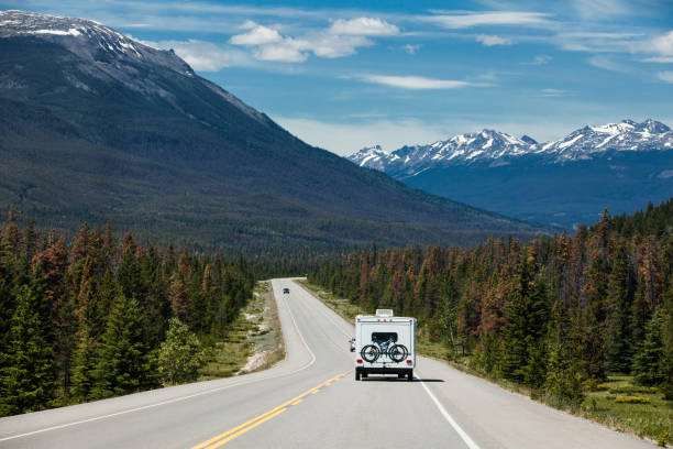 rv dans les montagnes rocheuses canadiennes du parc national banff, alberta, canada - driving motor home forest banff national park photos et images de collection