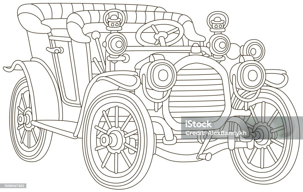 Funny old toy vintage car Funny antique cabriolet, black and white vector illustration in a cartoon style for a coloring book Car stock vector