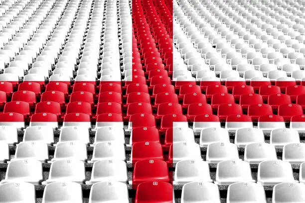 Photo of England flag stadium seats. Sports competition concept.