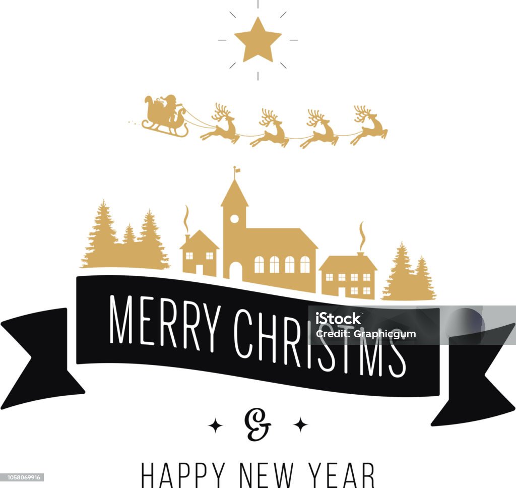 Merry christmas greeting text gold santa sleigh landscape white background Animal Sleigh stock vector