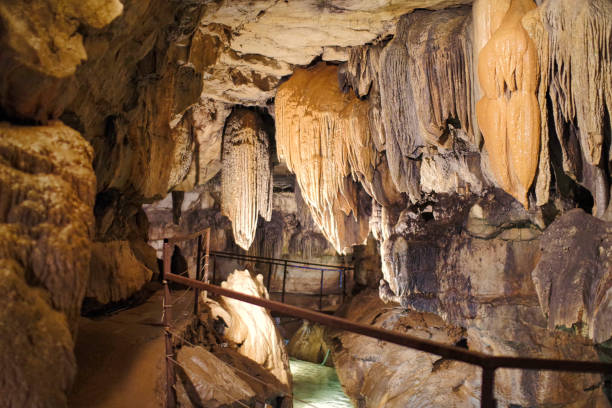 a big stalactite is hanging from the rock