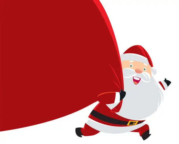 Vector illustration of Santa Claus pulling huge bag of gifts