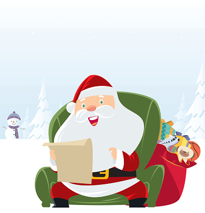 Vector Santa Claus sitting on chair with Sack of gift Reading Gift list for