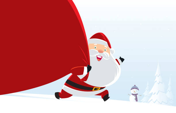 illustrazioni stock, clip art, cartoni animati e icone di tendenza di regalo grande borsa di babbo natale su sfondo innevato - wrapping paper christmas gift snowman