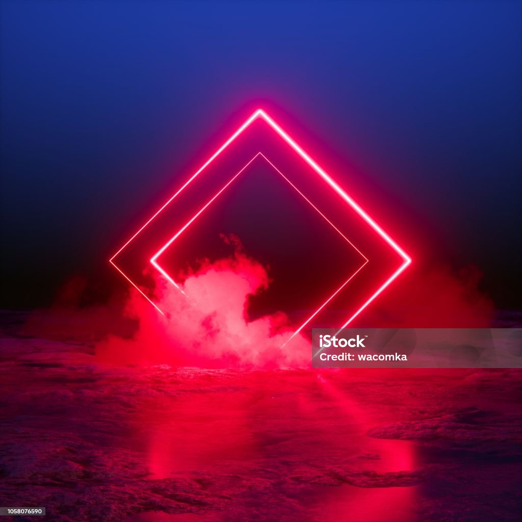 3d render, abstract background, square portal, red neon lights, virtual reality, glowing lines, pink blue, ultraviolet spectrum, laser show, smoke, fog, terrain, ground Neon Lighting Stock Photo