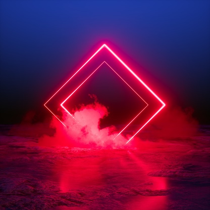 måle skolde skjorte 3d Render Abstract Background Square Portal Red Neon Lights Virtual Reality  Glowing Lines Pink Blue Ultraviolet Spectrum Laser Show Smoke Fog Terrain  Ground Stock Photo - Download Image Now - iStock