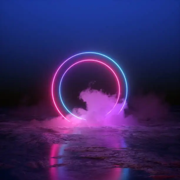 Photo of 3d render, abstract background, round portal, pink blue neon lights, virtual reality, circles, energy source, glowing rings, blank space, frame, ultraviolet spectrum, laser show, smoke, fog, ground