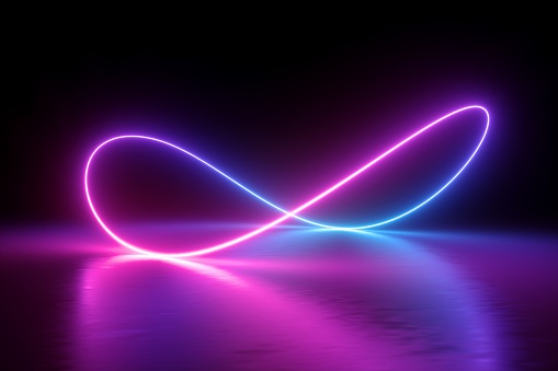 render 3D, símbolo del infinito, luz de neón, lazo, espectro ultravioleta, energía cuántica, línea brillante violeta azul rosa, cadena, antecedentes photo