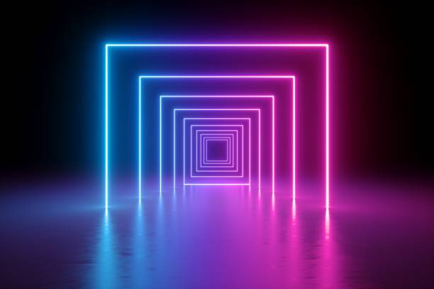 istock 3d render, abstract background, square portal, glowing lines, tunnel, neon lights, virtual reality, arch, pink blue spectrum vibrant colors, laser show, isolated on black 1058077614