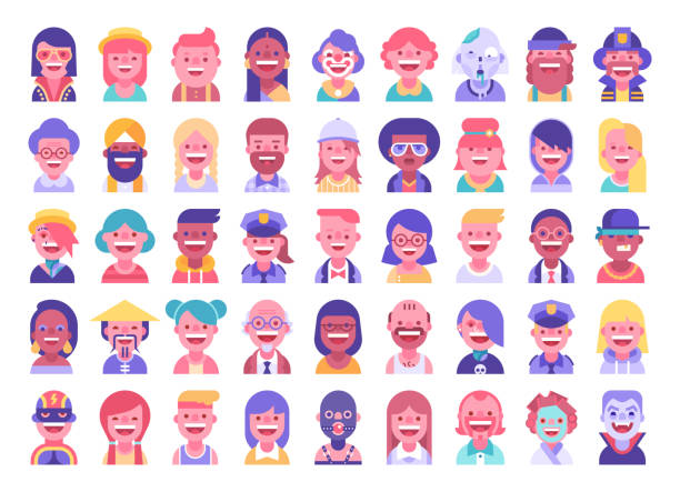 Super set of 45 cool flat avatars icons. Positive male and female characters different ages, professions and nationalities. Funny bright vector illustrations. Super set of 45 cool flat avatars icons. Positive male and female characters different ages, professions and nationalities. Funny bright vector illustrations. black men with blonde hair stock illustrations