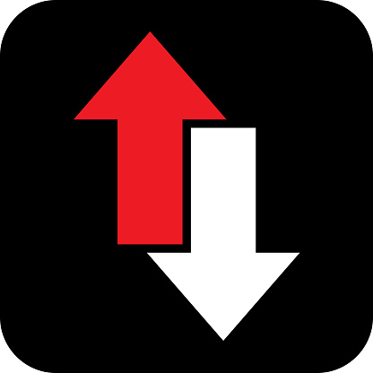Vector illustration of a red and white direction arrows on a square black background.