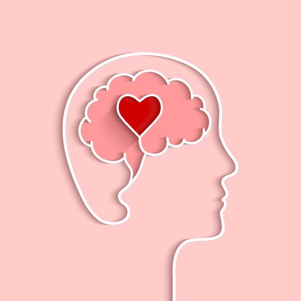 Head and brain outline with heart concept Head and brain outline with heart concept. Vector illustration in flat design with shadow on light pink background. human brain illustrations stock illustrations