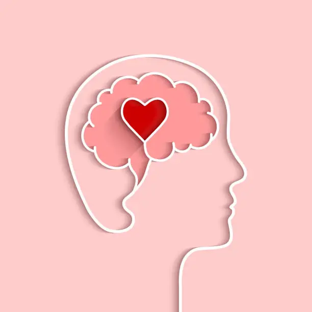 Vector illustration of Head and brain outline with heart concept