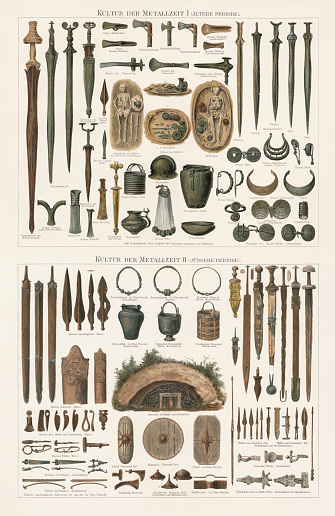 The Metal ages - Archaeological finds in the 19th century of the Copper, Bronze, and Iron Age in Europe. Lithograph, published in 1897.