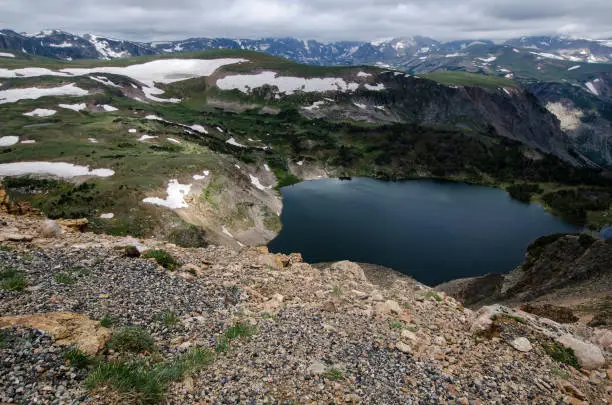 Beartooth Highway Pass in Montana on a sunny summer day featuring an alpine lake.