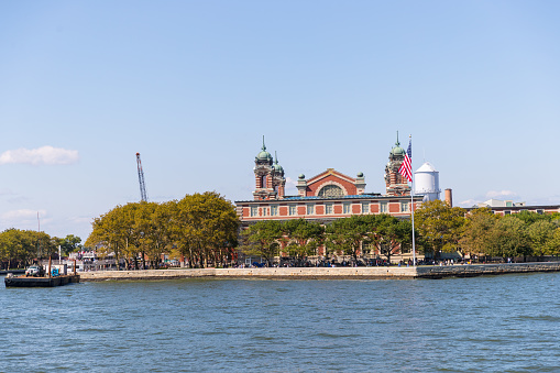 New Jersey September 29, 2018: Central Railroad of New Jersey Terminal, USA. Hudson Waterfront, Hudson River. Ferry slips serving boats.