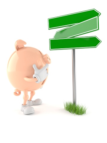 Piggy bank character with blank signpost isolated on white background. 3d illustration