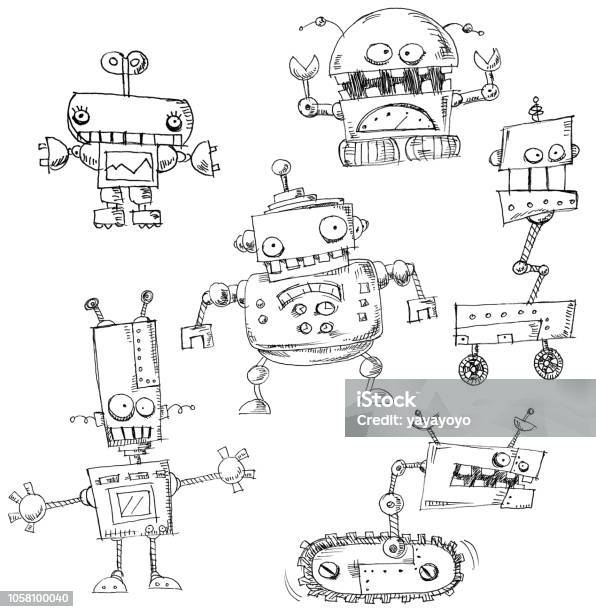 Robot Doodles Isolated Stock Illustration - Download Image Now - Robot, Drawing - Art Product, Humor