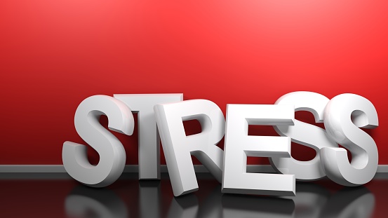 The word STRESS written with white 3D letters standing on the black glossy floor of a room, leaning at its red wall - 3D rendering illustration