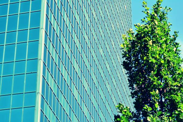 istock Modern office building on a clear sky background. Retro stylized colorful tonal filter effect 1058101904