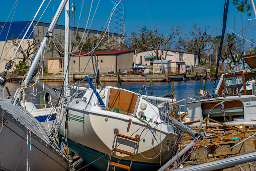 Watson Bayou in Panama City, Florida. Hurricane Michael destroys marina and sailboats