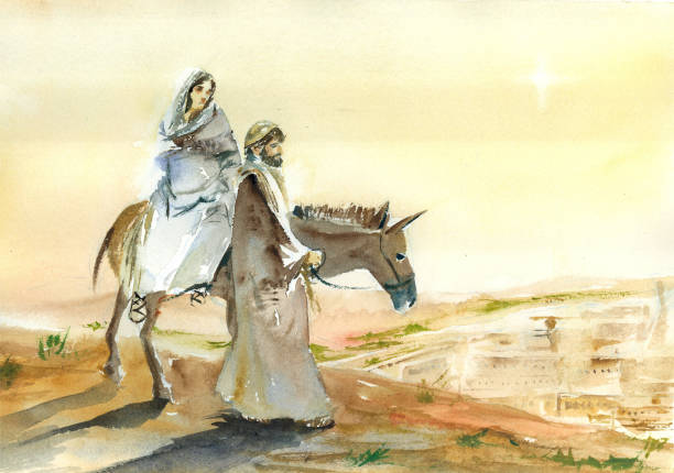 Bethelem arrival Watercolor painting virgin mary joseph jesus christ nativity scene stock illustrations