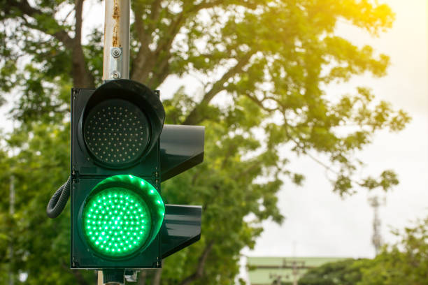 green light on traffic light pole with good sun light and tree on background. symbol of traffic rule. passed and let a go is concept.